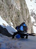 Fabio downclimbs some steep snow on the beginning of Broadway. The exposure...