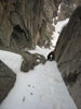 Brian approaches the first constriction of Notch Couloir....